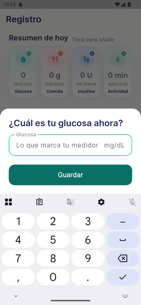Hoja para anotar la glucosa con el teclado numérico